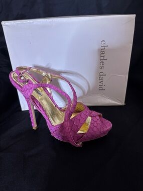 Charles David Pink Snake-Embossed Strappy High Heel Sandals
